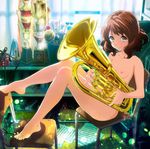  1girl barefoot breasts brown_hair chair euphonium feet hibike!_euphonium highres instrument leg_grab looking_at_viewer lying nipples nude nude_filter oumae_kumiko short_hair sitting small_breasts smile solo toes 