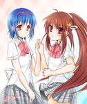  blue_hair brown_eyes brown_hair hairband highres little_busters! long_hair miyoshi_yun multiple_girls natsume_rin nishizono_mio ponytail red_eyes school_uniform short_hair 