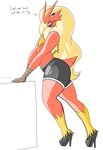  anthro blaziken clothing girly high_heels inviting male mcnasty nintendo pok&eacute;mon red_skin shorts solo tongue tongue_out video_games 