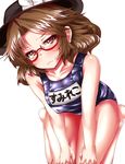  blush bow brown_eyes brown_hair glasses hat hat_bow highres looking_at_viewer one-piece_swimsuit red-framed_eyewear school_swimsuit seiza sitting solo swimsuit touhou usami_sumireko v_arms zan_(harukahime) 