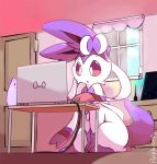  alternate_color artist_name bow cable chest_of_drawers cloud commentary computer desk door drawing_tablet emoticon indoors laptop no_humans pen pokemon pokemon_(creature) power_cord prehensile_ribbon purple_eyes purple_sclera purpleninfy ribbon sky sylveon window 