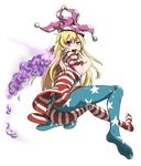  :d american_flag_dress american_flag_legwear ass blonde_hair clownpiece feet full_body hat highres jester_cap long_hair looking_at_viewer nail_polish open_mouth pantyhose pink_eyes short_sleeves smile solo tongue tongue_out torch touhou w white_background yaruku 