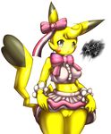 2015 anthro blush breasts clothing cosplay_pikachu female fur looking_at_viewer mammal mnxenx001 navel nintendo open_mouth pikachu pikachu_pop_star pok&eacute;mon pussy ribbons rodent simple_background skirt solo video_games yellow_fur 