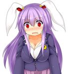  animal_ears blazer blush breasts bunny_ears cleavage collarbone crescent crescent_hair_ornament hair_ornament jacket large_breasts long_hair long_sleeves open_mouth pleated_skirt purple_hair red_eyes reisen_udongein_inaba revision shirt shocked_eyes skirt solo touhou us2s very_long_hair 
