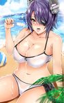 bad_id bad_pixiv_id ball beach beachball bikini blue_sky blush breasts brown_eyes cleavage cloud collarbone day eyepatch food headgear inu_(marukome) kantai_collection large_breasts navel ocean outdoors popsicle purple_hair revision sexually_suggestive sky solo spilling suggestive_fluid sweat swimsuit tenryuu_(kantai_collection) white_bikini 