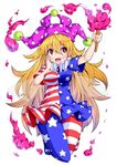  american_flag american_flag_dress american_flag_legwear blonde_hair blush breasts clownpiece dress fairy_wings hand_on_own_cheek hat highres ishimu jester_cap large_breasts long_hair looking_at_viewer neck_ruff open_mouth pantyhose polka_dot print_dress red_eyes short_sleeves simple_background smile solo star striped striped_dress torch touhou very_long_hair white_background wings 