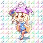  american_flag_dress american_flag_legwear bangs blonde_hair clownpiece disco_ball fairy_wings happy hat jester_cap jinnouchi_akira long_hair open_mouth running short_sleeves solo touhou very_long_hair wings yellow_eyes 