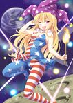  adapted_costume american_flag american_flag_dress american_flag_legwear blonde_hair blush breasts clownpiece dress earth fairy_wings hat jester_cap long_hair looking_at_viewer moon one_eye_closed open_mouth pantyhose pink_eyes polka_dot pose red_eyes short_dress short_sleeves sleeveless sleeveless_dress small_breasts smile solo space star strapless strapless_dress striped striped_dress taishi_(moriverine) tongue tongue_out torch touhou upskirt v wings 