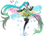  absurdly_long_hair aqua_eyes aqua_hair beamed_eighth_notes detached_sleeves eighth_note gradient_hair green_hair hatsune_miku headset long_hair multicolored_hair musical_note necktie open_mouth rune_(ru-nn) simple_background skirt solo standing standing_on_one_leg thighhighs twintails very_long_hair vocaloid white_background 
