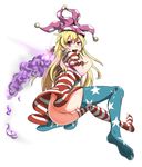  :d alternate_legwear american_flag_dress american_flag_legwear ass blonde_hair clownpiece feet full_body hat highres jester_cap long_hair looking_at_viewer nail_polish no_panties open_mouth pink_eyes short_sleeves smile solo thighhighs tongue tongue_out torch touhou w white_background yaruku 