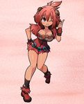  black_legwear borokuro breasts camerupt cleavage gen_3_pokemon hair_ornament hand_on_hip highres large_breasts one_eye_closed open_mouth personification pink_eyes pointing pointing_up pokemon red_hair shoes solo 