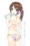  aihama_chika amagai_tarou arm_behind_back ass back bangs bikini blush bottle brown_eyes brown_hair covering covering_ass flat_ass from_behind hair_ornament hairclip looking_at_viewer looking_back multicolored multicolored_bikini multicolored_clothes multicolored_stripes original ponytail scrunchie simple_background solo striped striped_bikini sweat swimsuit twitter_username water_bottle white_background 