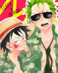  2boys black_hair camouflage character_name earrings face_paint facial_mark green_hair hat jewelry male_focus monkey_d_luffy multiple_boys one-eyed one_piece open_shirt roronoa_zoro scar shirt simple_background straw_hat striped_background sunglasses tongue 
