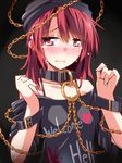  3: blush bracelet chain clothes_writing collar collarbone crying hat hecatia_lapislazuli hemogurobin_a1c jewelry looking_at_viewer off_shoulder polos_crown red_eyes red_hair shirt solo tears touhou upper_body 