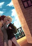  backpack bag blonde_hair blue_eyes brown_hair clock clock_tower cloud day dutch_angle erica_hartmann gertrud_barkhorn kodamari looking_at_viewer looking_to_the_side multiple_girls profile railing short_hair sky strike_witches tower walking world_witches_series 
