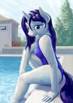  2015 anthro anthrofied blue_eyes clothing dahtamnay equine eyeshadow female friendship_is_magic hair horn long_hair makeup mammal my_little_pony one-piece_swimsuit outside rarity_(mlp) sitting smile solo swimming_pool swimsuit unicorn water white_skin 