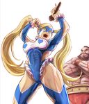  1girl blandly_vorpal blonde_hair blue_eyes blue_leotard breasts crying large_breasts leotard long_hair mask md5_mismatch microphone rainbow_mika street_fighter street_fighter_zero_(series) twintails wrestling_outfit zangief 