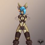  blue_hair boots breast_squish breasts clothing dredjir fishnet footwear fur gunbunny hair headgear lagomorph leather leather_outfit leggings legwear lights mammal rabbit shiny simple_background wide_hips yellow_fur zipper 