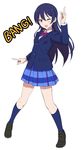  blazer finger_gun jacket leon_(mikiri_hassha) long_hair long_sleeves love_live! love_live!_school_idol_project one_eye_closed open_mouth otonokizaka_school_uniform pleated_skirt purple_hair revision school_uniform shirt skirt smile solo sonoda_umi very_long_hair yellow_eyes 