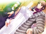  2girls artist_request between_breasts blonde_hair breasts brown_hair erection game_cg grabbing grabbing_from_behind handjob head_between_breasts huge_breasts multiple_girls necklace nun penis purple_eyes red_eyes size_difference source_request sweater 