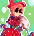  @_@ alternate_costume bad_id bad_pixiv_id blush bow captain_kirb commentary dress extra_eyes eye_socket food food_in_mouth fruit gloves green_background hat holding holding_food holding_fruit mechanical_arms orange_hair outline peacock_(skullgirls) red_eyes red_hat short_hair skullgirls solo strawberry top_hat white_gloves white_outline 