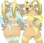  ass bare_shoulders black_hair blonde_hair blue_leotard breasts brown_eyes dual_persona hand_on_hip hips large_breasts leotard looking_at_viewer looking_back mask multiple_girls name_john rainbow_mika street_fighter street_fighter_zero_(series) thighs twintails wrestling_mask 