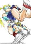  blonde_hair blue_leotard blue_sailor_collar boots buruma hey_(bluebell) kasugano_sakura knee_boots knee_pads leotard lifting_person mask multiple_girls piledriver puffy_cheeks rainbow_mika sailor_collar school_uniform serafuku street_fighter street_fighter_zero_(series) thighs twintails upside-down upskirt wrestling wrestling_mask wrestling_outfit 