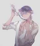  blood blue_hair branch cherry_blossoms grey_background horikawa_kunihiro impaled male_focus open_mouth simple_background solo subdue_ezwei touken_ranbu undone_necktie 