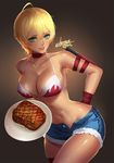  ahoge bikini_top blonde_hair breasts citemer cleavage collar collarbone cowboy_shot dark_skin food green_eyes jewelry large_breasts meat mito_ikumi navel parted_lips plate shokugeki_no_souma short_shorts shorts smile solo thighs 