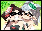  &gt;_&lt; 2girls :d aori_(splatoon) artist_name bare_shoulders black_border black_hair blush border breasts cleavage closed_eyes commentary_request domino_mask dress earrings eromame eyebrows gloves grey_hair hair_bun heart hotaru_(splatoon) jewelry long_hair mask massage medium_breasts multiple_girls open_mouth pointy_ears smile splatoon_(series) splatoon_1 symbol-shaped_pupils tentacle_hair thick_eyebrows translation_request white_gloves 