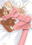  artist_name barefoot bed bismarck_(kantai_collection) blonde_hair breasts cleavage closed_eyes kantai_collection large_breasts long_hair lying on_side pajamas pants pillow pink_pants sensen smile solo stuffed_animal stuffed_toy ted_(movie) ted_(ted) teddy_bear thumbs_up 