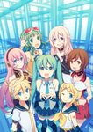  6+girls aqua_hair blonde_hair blue_eyes bow brown_eyes brown_hair choke_(amamarin) choker goggles goggles_on_head green_eyes green_hair gumi hair_bow hairband hatsune_miku headphones ia_(vocaloid) kagamine_len kagamine_rin long_hair megurine_luka meiko meiko_(vocaloid3) miniskirt multiple_girls nail_polish necktie pink_hair purple_eyes sailor_collar skirt smile very_long_hair vocaloid 