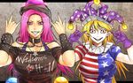  \m/ american_flag_dress blonde_hair bracelet breasts chain clothes_writing clownpiece collar commentary_request crazy_eyes earrings fangs grin hat hecatia_lapislazuli jester_cap jewelry large_breasts light_bulb long_hair multiple_girls necklace pale_skin pink_hair polka_dot polos_crown puffy_sleeves purple_hair ryuuichi_(f_dragon) sharp_teeth smile spiked_bracelet spikes teeth touhou 