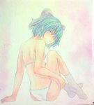  arm_support ass bikini blue_eyes blue_hair bow cirno from_behind full_body hair_bow highres looking_at_viewer looking_back no_wings pink_background short_hair shoulder_blades sitting socks solo swimsuit touhou traditional_media watercolor_(medium) white_legwear yuyu_(00365676) 