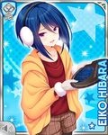  artist_request blue_background blue_hair card_(medium) casual character_name earmuffs girlfriend_(kari) gloves hibara_eiko jpeg_artifacts legwear_under_shorts official_art pantyhose pantyhose_under_shorts purple_eyes red_shirt shirt short_hair shorts smile solo sparkle star winter_clothes 