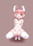  abstract_background animal_humanoid blush breasts clothing elbow_gloves female gloves hair humanoid lagomorph legwear looking_back mammal nipples omochi one_eye_closed open_mouth pink_eyes pink_hair plump_labia pose pussy rabbit_humanoid simple_background smile solo spread_legs spreading thigh_highs 
