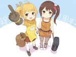  apron bare_shoulders brown_eyes brown_hair gloves hammer hammer_(ole_tower) koeda_(koeda1kg) mallet mallet_(ole_tower) multiple_girls ole_tower short_hair side_ponytail smile thighhighs 