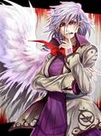  commentary finger_to_mouth jacket kishin_sagume open_clothes open_jacket pointy_ears red_eyes ryuuichi_(f_dragon) silver_hair single_wing solo tattoo touhou white_wings wings 