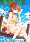  ahoge anklet bangs bare_legs barefoot bendy_straw bikini bikini_under_clothes bird blue_sky blush bracelet braid breasts brown_hair cherry cleavage cloud cocktail collarbone conch cup day diten drink drinking_glass drinking_straw earrings eyebrows_visible_through_hair floral_print flower food front-tie_bikini front-tie_top fruit hair_flower hair_ornament hand_up hibiscus horizontal_stripes jewelry layered_skirt long_hair long_sleeves looking_at_viewer medium_breasts navel open_clothes open_shirt orange orange_slice original outdoors palm_leaf petals pier print_bikini purple_eyes seashell see-through shell shell_to_ear shiny shiny_skin shirt single_braid sitting skirt sky smile soaking_feet solo sparkle star star_earrings striped striped_shirt swimsuit swimsuit_under_clothes water water_drop wine_glass wristband yellow_bikini 