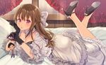  :o artist_request ass bow braid breasts brown_hair cleavage doll dress gloves high_heels highres jewelry koi_suru_kanojo_no_bukiyou_na_butai legs_up long_hair lying medium_breasts necklace no_socks on_bed on_stomach pink_eyes solo togawa_mayuu 