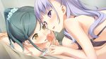  2girls bangs blunt_bangs blush censored downblouse enomoto_chisa game_cg green_hair handjob hetero highres kantoku koi_suru_kanojo_no_bukiyou_na_butai kokonoe_maria long_hair mosaic_censoring multiple_girls penis ponytail purple_eyes purple_hair swept_bangs yellow_eyes 