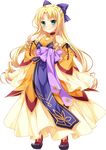  blonde_hair bow curly_hair detached_sleeves dress enjutsu full_body green_eyes hands_on_hips highres koihime_musou long_hair official_art ribbon saeki_hokuto shoes smile solo transparent_background very_long_hair 
