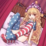  alternate_legwear american_flag_dress american_flag_legwear blush bottomless breasts clownpiece convenient_censoring convenient_leg covered_nipples dutch_angle fangs feet full_body hat head_tilt jester_cap jpeg_artifacts long_hair no_panties no_shoes oimo_(imoyoukan) on_bed open_mouth orange_hair print_legwear red_eyes short_sleeves sitting small_breasts smile solo star striped thighhighs touhou 