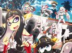  ahoge airfield_hime battle black_vs_white blue_eyes burst_bomb_(splatoon) chasing clenched_teeth commentary_request cosplay domino_mask glint grin hair_over_one_eye haruna_(kantai_collection) headgear hiei_(kantai_collection) highres horn ink inkblot inkling kantai_collection kirishima_(kantai_collection) kongou_(kantai_collection) long_hair machinery mask multiple_girls northern_ocean_hime paint_stains pointy_ears purple_eyes red_eyes revision seaport_hime shinkaisei-kan smile southern_ocean_war_oni splatoon_(series) splatoon_1 suction_bomb_(splatoon) teeth tentacle_hair tom_(drpow) white_hair 