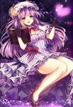  adapted_costume bare_legs black_gloves blush book bow breasts cleavage crescent gloves hair_bow hat heart high_heels long_hair medium_breasts no_socks open_mouth patchouli_knowledge purple_eyes purple_hair revision smile solo touhou ukita_uuko 