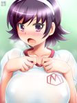  black_hair blush breasts dha gym_uniform hairband huge_breasts kami_nomi_zo_shiru_sekai open_mouth short_hair solo takahara_ayumi 