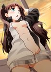  akou_roushi alternate_costume blush breasts brown_hair cloud cloudy_sky day fate/stay_night fate_(series) green_eyes groin hair_ribbon jacket long_hair naked_track_jacket navel no_bra no_panties open_clothes open_mouth ribbon sky small_breasts solo toosaka_rin track_jacket two_side_up unzipped window zipper 