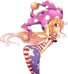  american_flag_dress american_flag_legwear back_cutout bent_over blush clownpiece fairy_wings fang hat jester_cap kuresento long_hair looking_at_viewer open_mouth pantyhose pink_eyes print_legwear profile short_sleeves simple_background smile solo star striped touhou white_background wings 