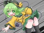  ass back black_legwear black_panties blush bow green_eyes green_hair hat hat_bow heart heart_of_string komeiji_koishi looking_back oden_(th-inaba) open_mouth panties pantyshot side-tie_panties solo thighhighs third_eye touhou underwear 