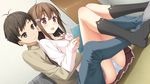  1girl arms_around_waist black_legwear blush book brown_eyes brown_hair dutch_angle game_cg hair_ornament highres kantoku koi_suru_kanojo_no_bukiyou_na_butai long_hair miyakuni_ichigo panties pantyshot pantyshot_(sitting) reading short_hair sitting skirt smile socks togawa_mayuu underwear white_panties 